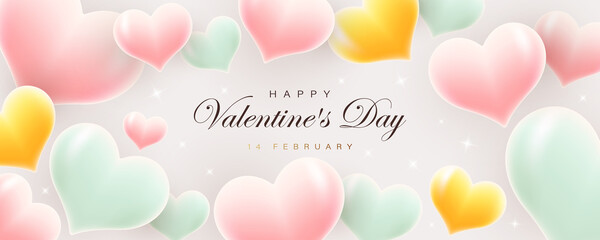 Wall Mural - Happy Valentine's Day horizontal banner. Realistic 3d heart shapes. Modern elegant template design with glitter light effects. Vector illustration for brochure, invitation, banner, greeting card