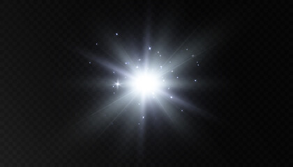 Poster - White beautiful light explodes with a transparent explosion. Vector, bright illustration for perfect effect with sparkles. Bright Star. Transparent shine of the gloss gradient, bright flash.