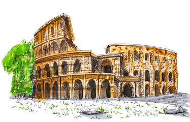 Fototapete - Watercolor illustration of The Coliseum or Flavian Amphitheatre, Rome, Italy.