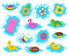 Swim Rings, Cartoon Pool Rubber Toys With Water Splashes. Swimming Water Toys, Inflatable Rubber Pool Equipment Vector Illustration Set. Summer Time Water Lifebuoys
