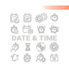 Wall Mural - Date and time line vector icon set. Clock, deadline, twenty four seven business outlined icons.