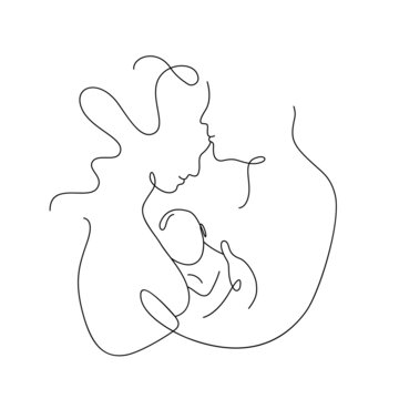 one continuous monoline single drawing line art flat doodle family, mom love dad and baby, mother fa