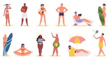 Summer Beach Activity Characters, People Sunbathing And Swimming. Vacation Beach Activities, Extreme Water Sports Or Reading Vector Illustration Set. Beach People