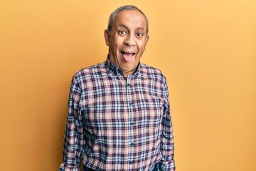 Canvas Print - Handsome senior man with grey hair wearing casual shirt sticking tongue out happy with funny expression. emotion concept.