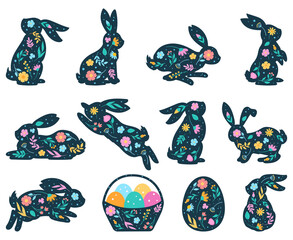 Wall Mural - Cartoon easter rabbit silhouette, cute spring bunny and eggs elements. Flowered easter bunnies silhouettes vector illustration set. Cute bunnies decorated with flowers