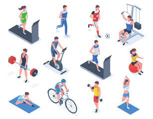 Isometric sport people, fitness, gym and yoga. People training on exercise bike and treadmill vector illustration set. Barbell lifting and football characters