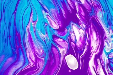 Wall Mural - Fluid art texture. Background with abstract mixing paint effect. Liquid acrylic artwork with flows and splashes. Mixed paints for baner or wallpaper. Purple, blue and white overflowing colors.