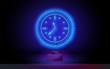Wall Mural - Clock, anytime neon sign. Round clock service advertisement design. Night bright neon sign, colorful billboard, light banner. Vector illustration