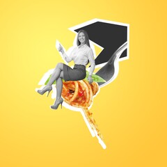 Sticker - Contemporary art collage of young stylish woman sitting on fork with deliscious spaghetti pasta