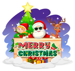 Wall Mural - Merry Christmas banner with Santa Claus with elf and reindeer