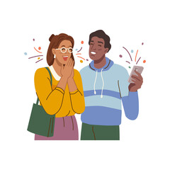 Aufkleber - Man and woman happy to hear good news from message on phone. Vector isolated people celebrating positive changes, victory and success. Achievement of goals and completion of tasks. Flat cartoon