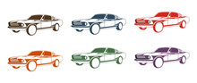 Set Of A Vintage Car On White Background In Different Colors. Old Automobile. Vector Design. Classic Auto