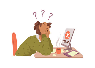 Poster - Woman in despair stressed by malfunctioning of personal computer at work. Vector worker worried about project completion, confused and nervous female with question marks. Flat cartoon character