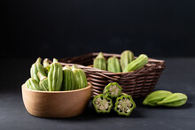 Green Okra Or Ladies' Fingers (Edible Green Seed Pods), Organic Vegetables From Local Farmer Market