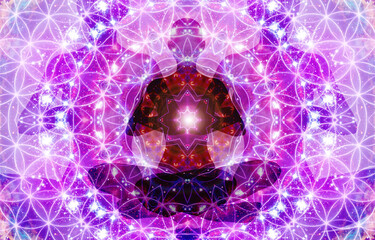 Wall Mural - Silhouette of a girl in Lotus position on the background of the universe. A state of trance and deep meditation. A spiritual journey in the universe.