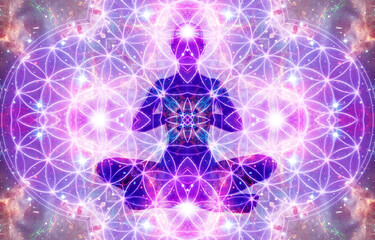 Wall Mural - Silhouette of a girl in Lotus position on the background of the universe. A state of trance and deep meditation. A spiritual journey in the universe.