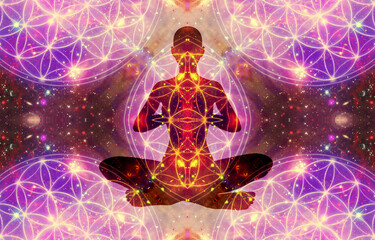 Wall Mural - Silhouette of a girl in Lotus position on the background of the universe. A state of trance and deep meditation. A spiritual journey in the universe.