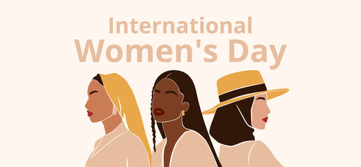 Abstract diverse women portraits in modern style. Happy International Women's Day banner. Equality, diversity and sisterhood concept. Feminism and girl power. Vector illustration