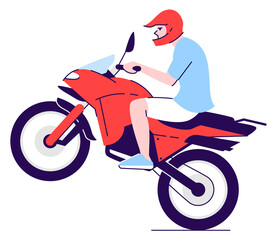 Sticker - Aggressive driver riding motorcycle semi flat RGB color vector illustration. Posing figure. Active lifestyle. Motorcyclist with unsafe driving behavior isolated cartoon character on white background