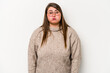 © Asier - Young caucasian overweight woman isolated on white background blows cheeks, has tired expression. Facial expression concept.