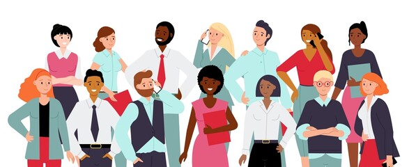 Wall Mural - Team portrait. Smile diverse ethnic professionals in group. Corporate young coworkers together in office clothes. Decent employee in business vector scene