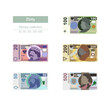 Polish Zloty Vector Illustration. Poland money set bundle banknotes. Paper money 20, 50, 100, 200, 500 PLN. Flat style. Isolated on white background. Simple minimal design.