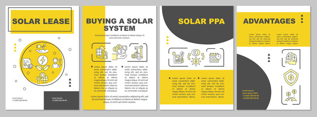 Solar energy getting ways yellow brochure template. Sustainable power. Leaflet design with linear icons. 4 vector layouts for presentation, annual reports. Arial, Myriad Pro-Regular fonts used