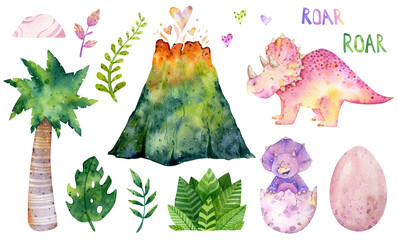 Watercolor cute baby dinosaurs illustration. Triceratops, baby dino isolated. Volcano, palm tree, dino eggs, jurassic prehistoric hand drawn clipart. Watercolor cute animal illustration for kids.