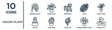 House Plant Outline Icon Set Includes Thin Line Monstera Leaf, Monstera, Janet Craig, Aloe Vera, Chinese Money Plant, English Ivy, Cactus Icons For Report, Presentation, Diagram, Web Design