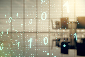 Poster - Abstract virtual binary code sketch on a modern boardroom background, hacking and matrix concept. Multiexposure