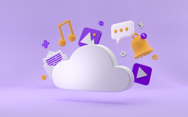 Wall Mural - Cloud storage Media Platform, online social communication applications concept, message, music, video platform, notification and chat bubble floating on bright violet background. 3d rendering