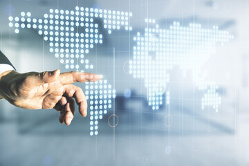 Poster - Double exposure of man hand presses on abstract digital world map on blurred office background, research and strategy concept