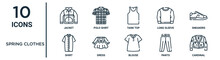 Spring Clothes Outline Icon Set Includes Thin Line Jacket, Tank Top, Sneakers, Dress, Pants, Cardinal, Shirt Icons For Report, Presentation, Diagram, Web Design