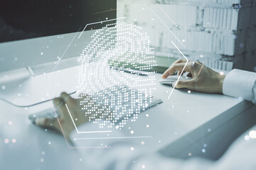 Aufkleber - Abstract creative fingerprint concept with hands typing on laptop on background. Multiexposure