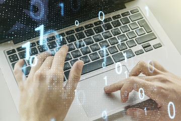 Aufkleber - Creative abstract binary code sketch and hands typing on computer keyboard on background, hacking and matrix concept. Multiexposure