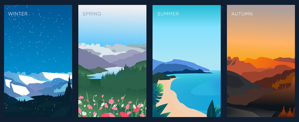 Wall Mural - Set of graphic season landscapes. Editable vector illustrations. Winter, spring, summer, autumn. Sunset, sunrise, water and mountain landscape