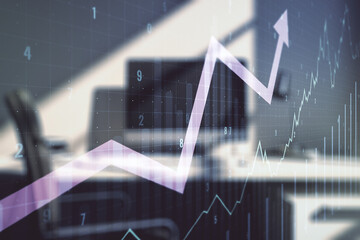Poster - Double exposure of abstract creative financial chart with upward arrow and modern desktop with laptop on background, research and strategy concept