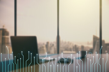 Poster - Creative abstract micro circuit sketch and modern desk with computer on background, future technology and AI concept. Double exposure