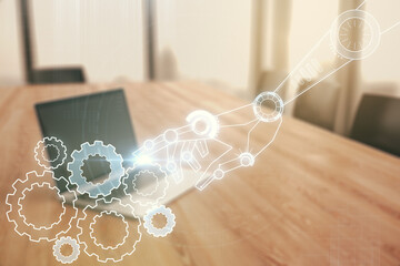 Aufkleber - Double exposure of robotics technology hologram on laptop background. Research and development software concept