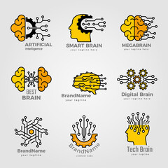 Wall Mural - intelligence logo. brain and smart technologies symbols structural artificial digits dots computer n