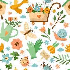 Poster - spring pattern. season seamless background with floral design decorative spring symbols bushes leave