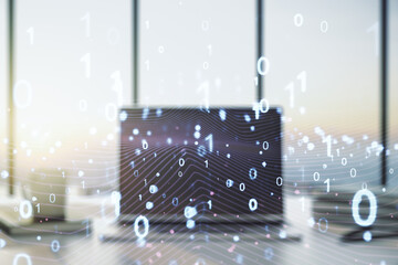 Leinwandbilder - Double exposure of creative abstract binary code hologram on laptop background. Database and programming concept