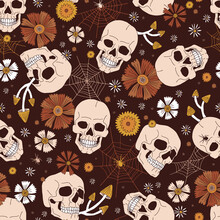 Boho Halloween Scull Mushroom Floral Cobweb Vector Seamless Pattern. Retro Skeleton Dead Head Flower Background. Boho Vintage Halloween Dark Surface Design.
