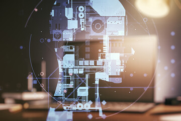 Aufkleber - Double exposure of creative human head microcircuit with computer on background. Future technology and AI concept