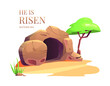 He is risen. Easter vector illustration. Cave. Empty tomb of Jesus. Scripture.