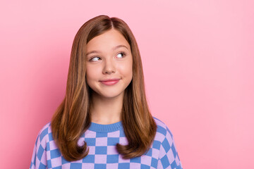 Sticker - Photo of young lovely girl curious look empty space minded plan dreamy isolated over pink color background