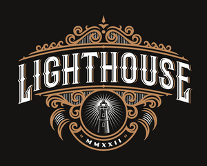 lighthouse vintage golden vector emblem, label , badge for your logo or crest with baroque ornaments