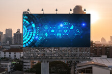 Hologram Of Research And Development Glowing Icons On Billboard. Sunset Panoramic City View Of Bangkok. Concept Of Innovative Technologies To Create New Services And Products In Southeast Asia.
