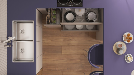 Wall Mural - Liliac and wooden kitchen close up with open drawers and accessories, table, chairs. Sink, induction hob, breakfast with cookies and cappuccino. Top view, plan, above, interior design