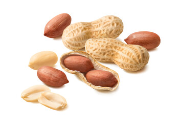 Wall Mural - peanuts isolated on white background. in shell and peeled